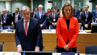 جوتيريس خلال مشاركته في مؤتمر بروكسل حول سوريا (رويترز)