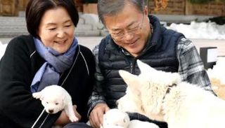 رئيس كوريا الجنوبية يداعب جراء صغيرة