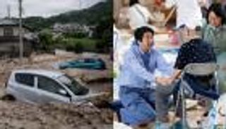 بالصور.. رئيس وزراء اليابان يفترش الأرض مع ضحايا السيول 