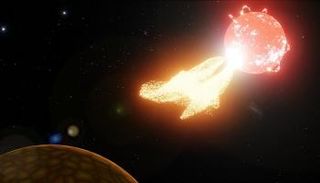 رسم يوضح التوهجات التي يطلقها بروكسيما سنتوري على الكواكب القريبة منه 