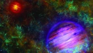 تصور للقزمين، ويظهر في المقدمة Oph 98B بالأرجواني ،و في الخلفية Oph 98A بالأحمر