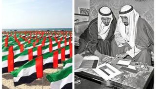 الشيخ زايد خلال الاطلاع على تصاميم العلم ليظهر بشكله الأخير
