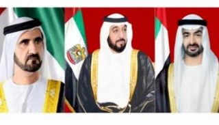 الشيخ خليفة بن زايد آل نهيان والشيخ محمد بن راشد آل مكتوم والشيخ محمد بن زايد آل نهيان