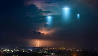 صورة تخيلية لأطباق فضائية طائرة على كوكب الأرض