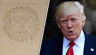 الرئيس الأمريكي السابق دونالد ترامب وشعار صندوق النقد الدولي