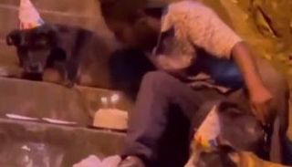 المشرد الكولومبي خلال احتفاله بعيد ميلاده مع الكلبين