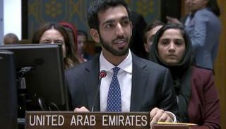 الشيخ شخبوط بن نهيان آل نهيان وزير الدولة الإماراتي خلال مشاركته بجلسة مجلس الأمن