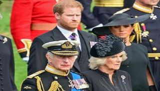 الملك تشارلز والملكة كاميلا وفي الخلفية هاري وميجان