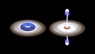 لقطتان من الرسوم المتحركة لمرحلتي الثقب الأسود (الهالة والنفاثات)