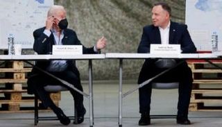 بايدن خلال مشاركته أمس في مؤتمر حول الاستجابة الإنسانية للحرب في أوكرانيا