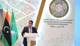 رئيس المجلس الرئاسي الليبي محمد المنفي خلال كلمته في المؤتمر