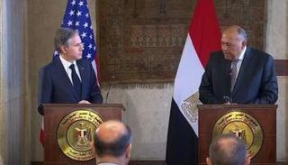 جانب من المؤتمر الصحفي بين وزيري خارجية مصر سامح شكري وأمريكا أنتوني بلينكن