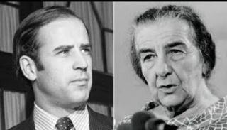 من اليمين غولدا مائير وإلى يسارها الرئيس الأمريكي بايدن