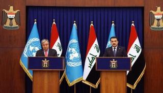 جانب من المؤتمر الصحفي بين الأمين العام للأمم المتحدة غوتيريش ورئيس حكومة العراق