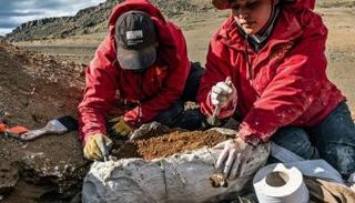 لحظة معاينة بقايا الديناصور