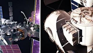 تصور لشكل محطة الفضاء البوابة (يسار) وآخر لغرفة معادلة الضغط (يمين)