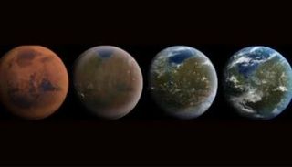 رسم توضيحي يصور عملية تحويل كوكب المريخ إلى عالم أكثر شبها بالأرض