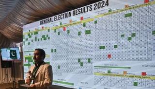 صحفي أمام شاشة يعرض نتائج انتخابات باكستان 