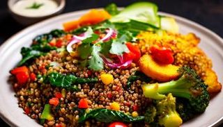 الطبق الرئيسي يتضمن العدس والخضار المقلي مع الكينوا