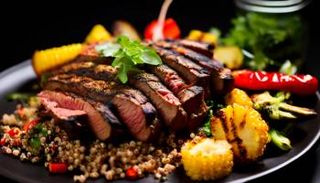 اللحوم المشوية مع الكينوا والخضراوات المشوية