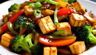 الطبق الرئيسي يحتوي على الخضار المقلي مع التوفو فوق الأرز المطبوخ أو المعكرونة