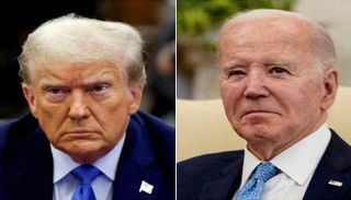 من اليمين الرئيس الأمريكي بايدن وإلى جانبه المرشح الجمهوري ترامب