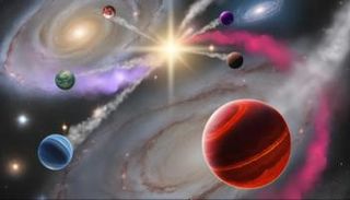 رسم توضيحي لتصادم أنظمة نجمية ينتج أجساما هائمة في الفضاء