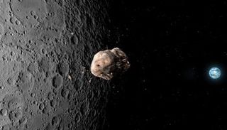 رسم توضيحي لكويكب يمر بالقرب من القمر