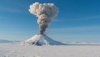 بركان يثور وسط جليد ممتد حتى الأفق