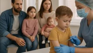 طفل صغير يتلقى لقاحًا من ممرضة