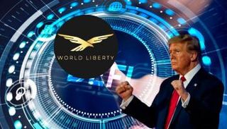 دونالد ترامب أمام شعار عملة WLFI 