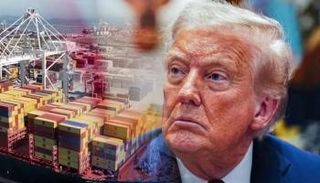 الرئيس الأمريكي دونالد ترامب وفي الخلفية ميناء به حاويات بضائع - تعبيرية