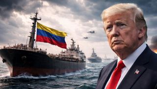 الرئيس الأمريكي دونالد ترامب وناقلة تحمل علم فنزويلا (مولدة بـ AI)