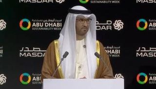 الدكتور سلطان الجابر خلال كلمته بافتتاح أسبوع أبوظبي للاستدامة